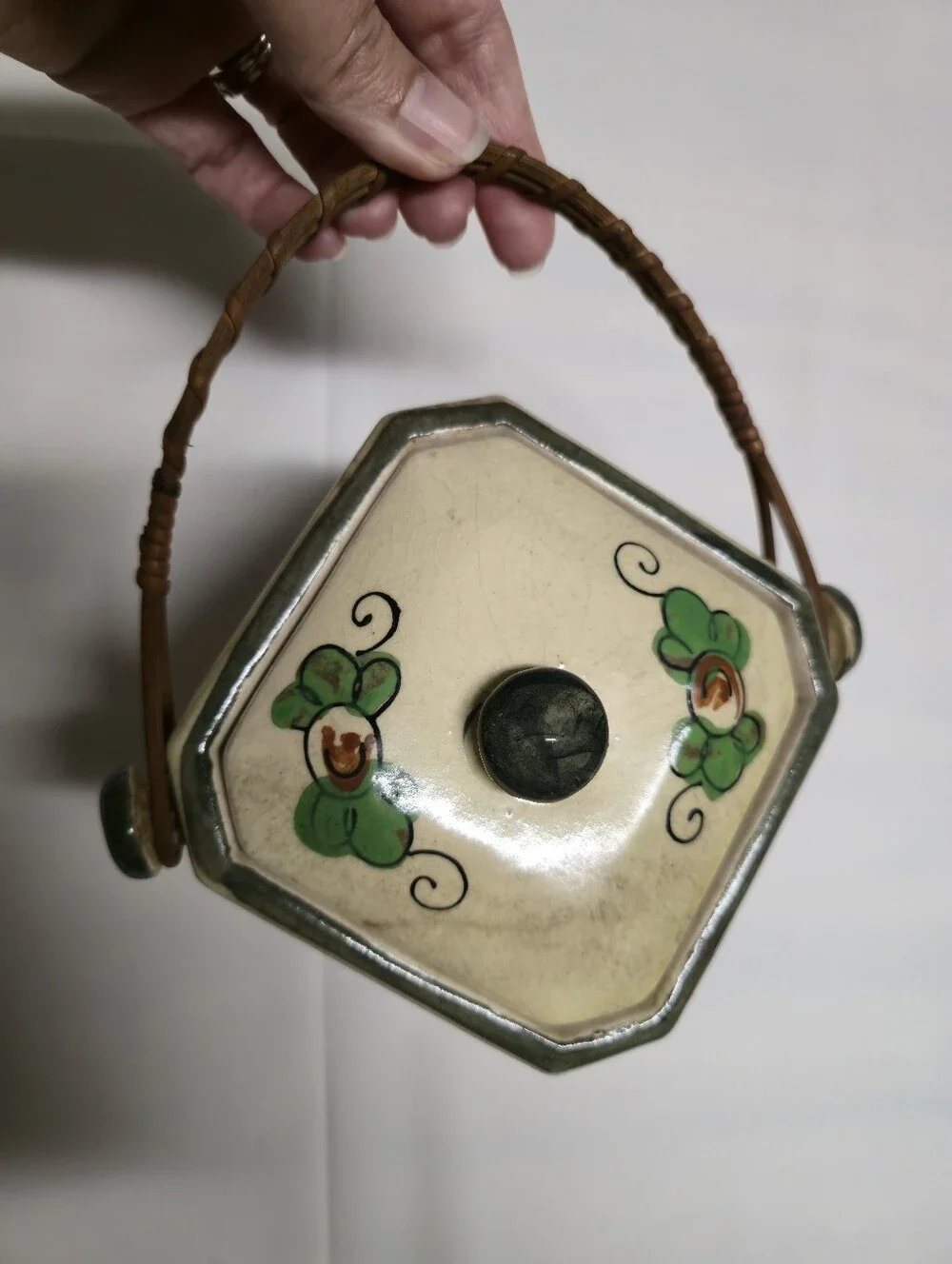 Vintage Japanese Ceramic Hexagonal Tea/Biscuit Canister with Woven Handle